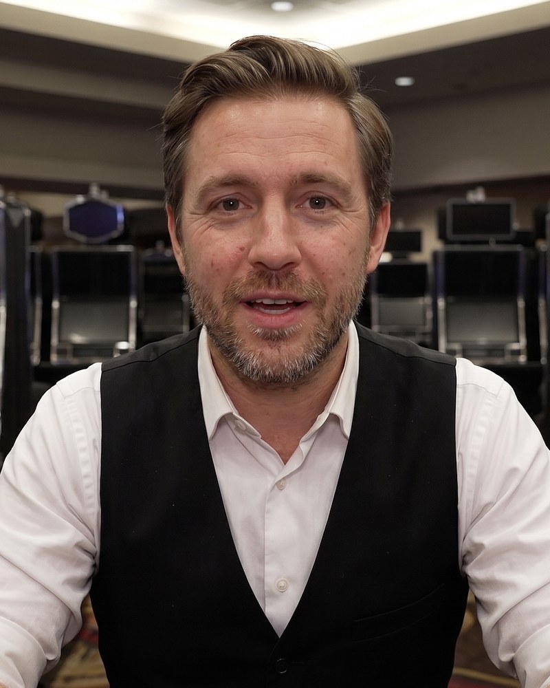 Nick, host of Table Games with Nick, in his dealer's vest